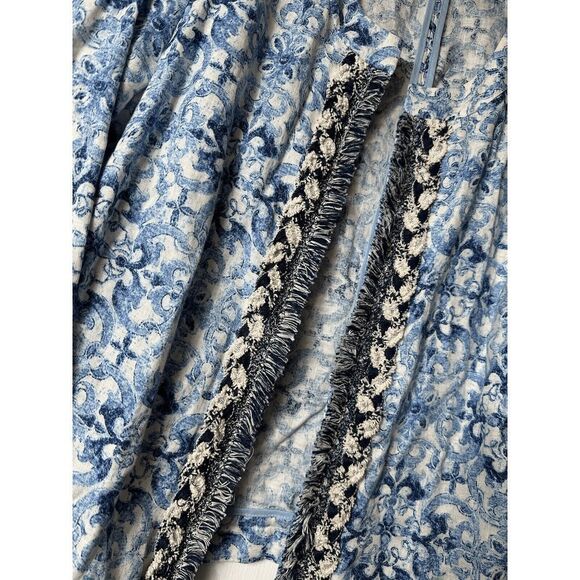 Chico's Jacket Boho Cottage Blue White Beachy Fringe 100% Linen Open-Front - Picture 5 of 6